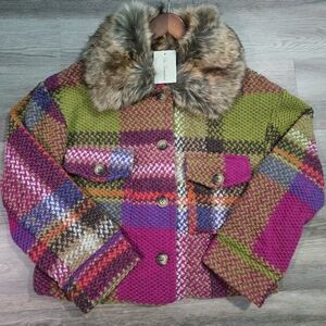 NWT La Fiorentina M/L Plaid Wool Faux Fur Collar Cropped Jacket Made in Italy